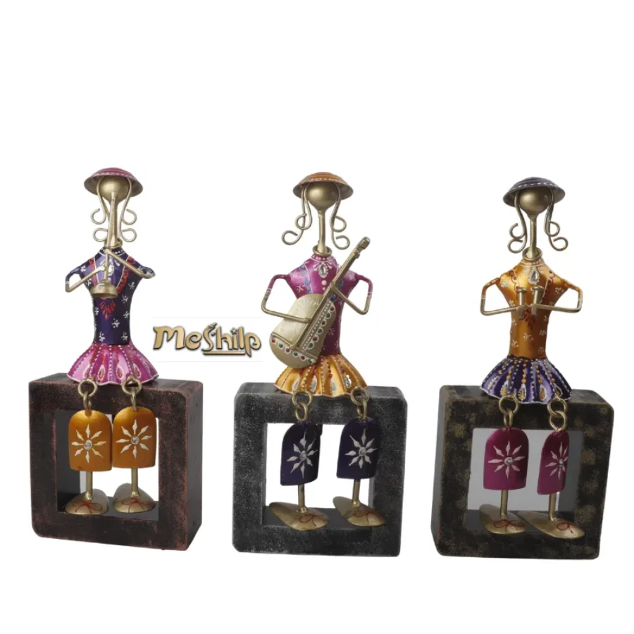 Untitled design (62) Iron Multi Color Decorative Leady Musician Show piece for home,Office Decor, Set of 3 With Wooden Stand - Image 1